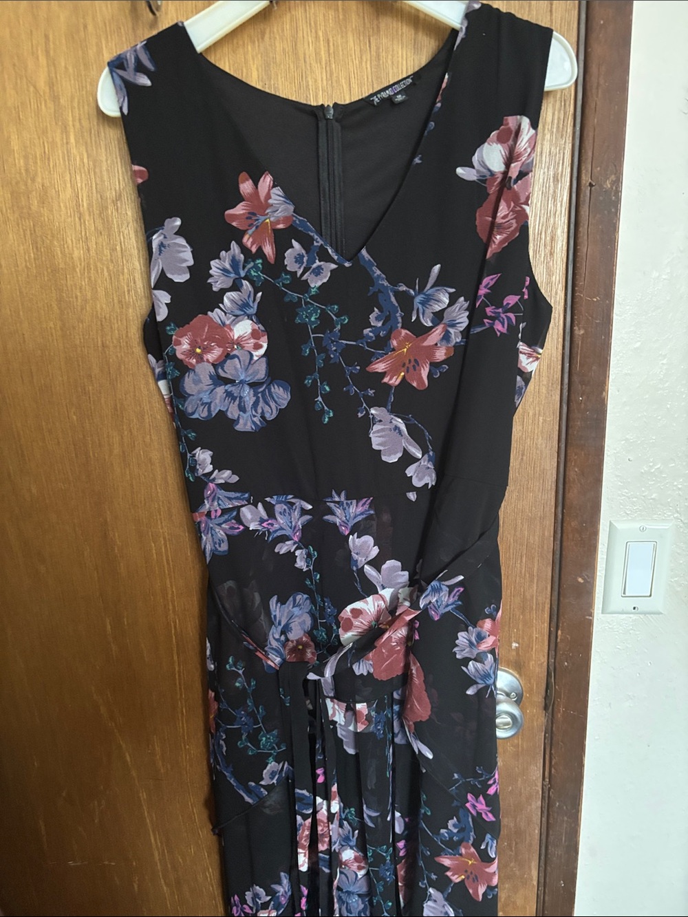 The Pyramid Collection Black Floral V-Neck Maxi Dress with Pink and Blue Blooms